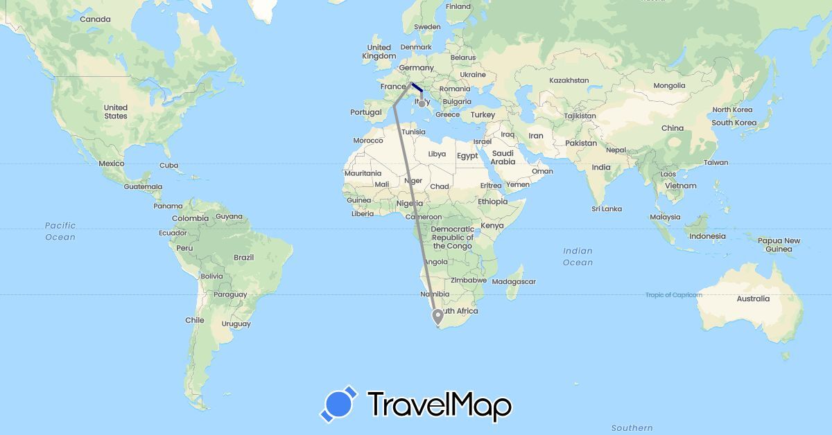 TravelMap itinerary: driving, plane in Switzerland, Spain, Italy, South Africa (Africa, Europe)